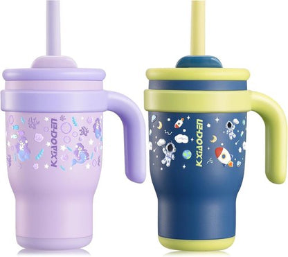 KXIAOCHEN Kids Tumbler - 14 oz Insulated Stainless Steel with Handle | Spill Proof & Keeps Drinks Cold Up to 24 Hrs - Mermaid & Spaceman Designs