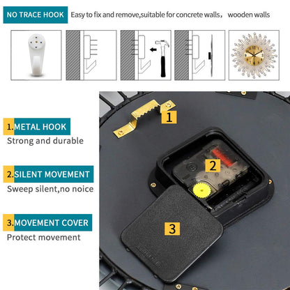 YIJIDECOR Large Wall Clocks for Living Room Decor Modern Gold Silent Wall Clock Battery Operated Non-Ticking for Bedroom Kitchen Home Decorative 14 Inch Round Metal Crystal Wall Watch for Office