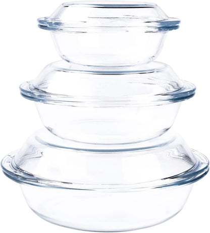 Regine Switzerland Round Glass Casserole Dishes Set - Nesting Baking Dish with Lids | Oven, Freezer & Dishwasher Safe - 0.5QT, 1QT, 1.8QT