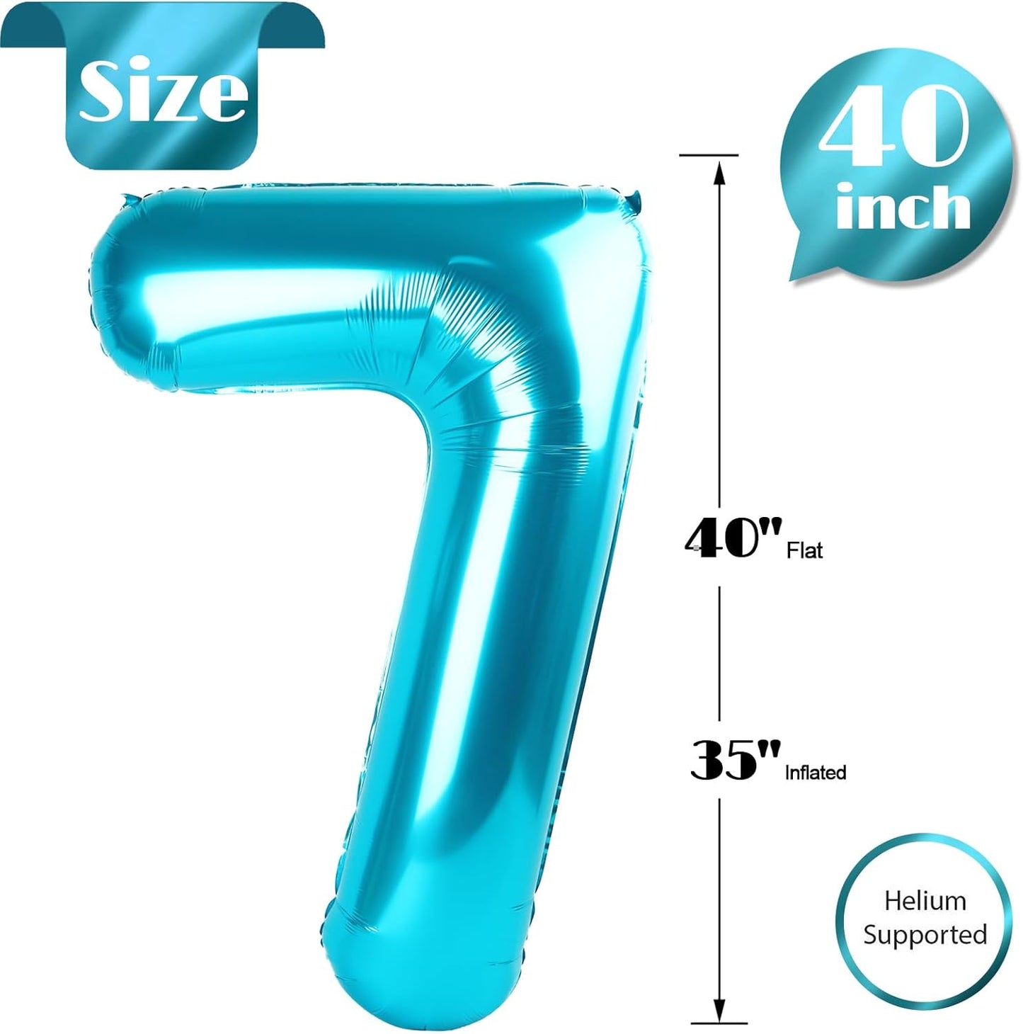 Number 7 Balloon by Light Blue - 40 Inch Giant Foil Balloon for 7th Birthday Party Decorations