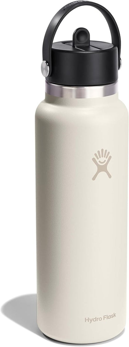 Hydro Flask Water Bottle - Insulated Stainless Steel - 40 Oz Ivory with Wide Straw Lid, Leakproof