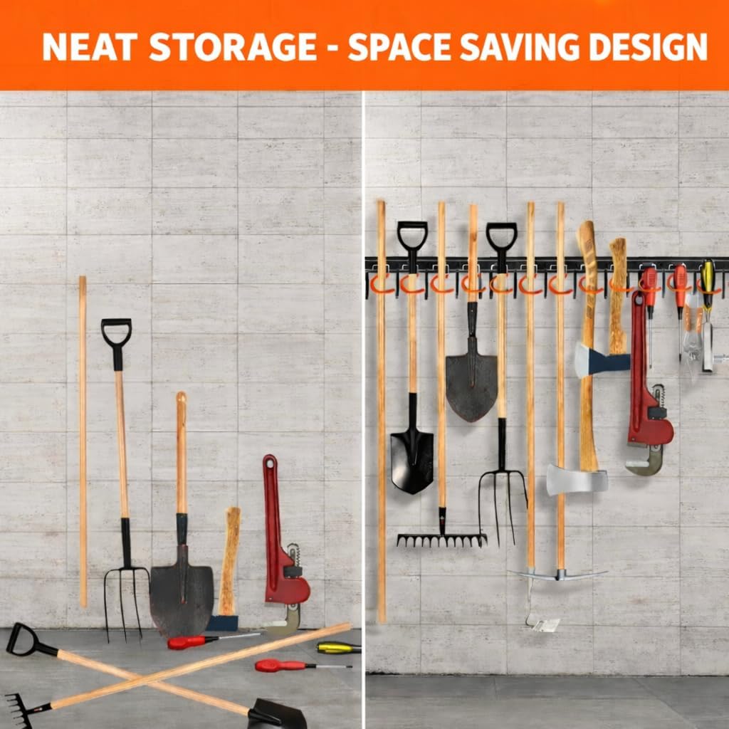 TVKB 68'' Adjustable Metal Garden Tool Organizer - Heavy-Duty Wall Mount Storage with Hooks