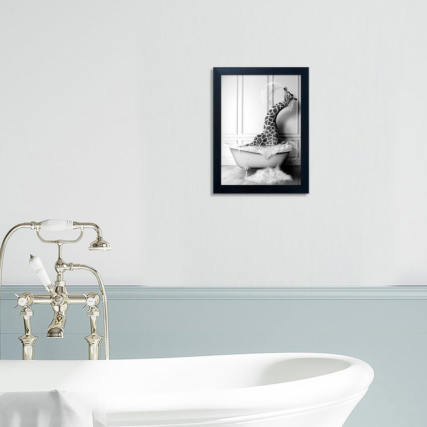 Skiennix Framed Animal Wall Art - Funny Giraffe in Bathtub Canvas Print | Black and White Farmhouse Decor for Kids' Bathroom