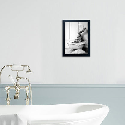 Skiennix Framed Animal Wall Art - Funny Giraffe in Bathtub Canvas Print | Black and White Farmhouse Decor for Kids' Bathroom
