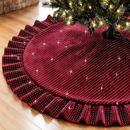Ruffled Velvet Christmas Tree Skirt Burgundy 36 Inch Holiday Decor