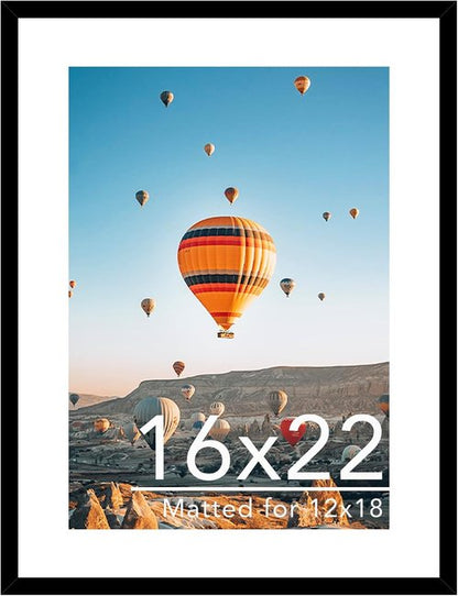 JCJMY 16x22 Picture Frame - Wall Hanging Display for 12x18 Photos with Mat or 16x22 Without Mat, Black