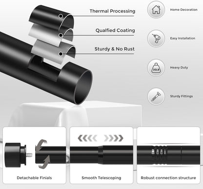 VOIIY Heavy Duty Curtain Rods - Adjustable 66 to 120 Inch, Black 1'' Diameter with Modern End Caps