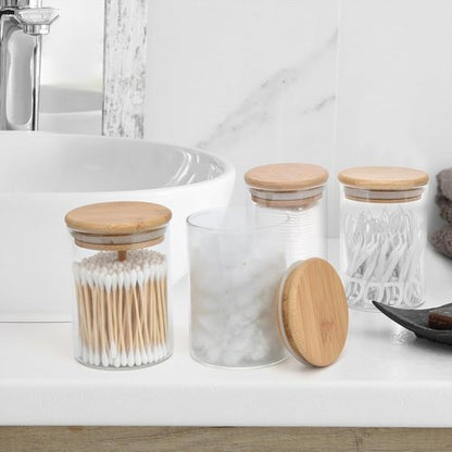 BKYFPQ Glass Qtip Holder Dispenser Set - 4 Apothecary Jars with Lids for Makeup & Bathroom Storage