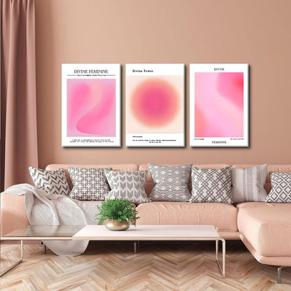 Trendy Aesthetic Canvas Wall Art - Set of 3 Pink Gradient Aura Angel Prints | Framed 12x16 Inch Room Decor