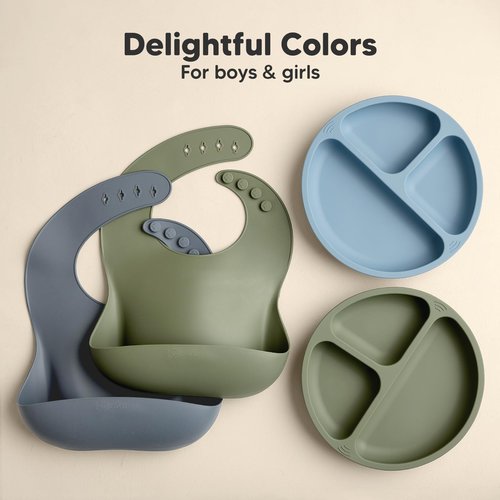 KeaBabies 2-Pack Silicone Bibs for Babies, Toddlers Girl, Boy – Sturdy Food-Grade Baby Bibs for Eating, Large Food Catcher, Clean & Put On Easily, Waterproof Toddler Feeding Essentials (Slate)