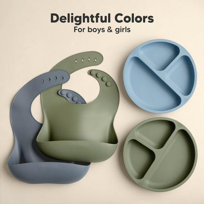 KeaBabies 2-Pack Silicone Bibs for Babies, Toddlers Girl, Boy – Sturdy Food-Grade Baby Bibs for Eating, Large Food Catcher, Clean & Put On Easily, Waterproof Toddler Feeding Essentials (Slate)