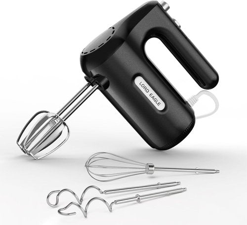 Lord Eagle 5-Speed Hand Mixer - 300W Compact Electric Mixer with 5 Attachments & Storage Bag | Lightweight Black Design for Baking