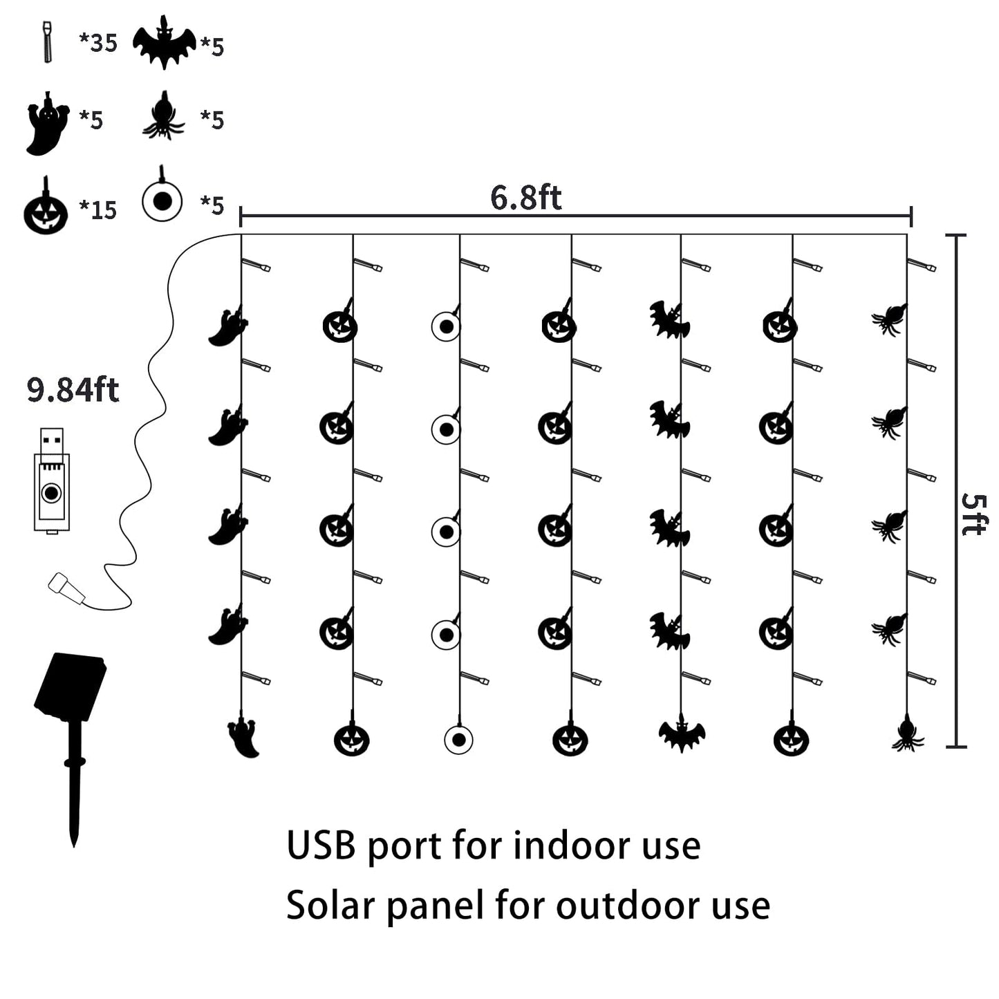 (USB Plug & Solar Power 2 in 1) Solar Halloween Curtain String Lights, 8 Modes Solar Halloween Lights Decorations for Outdoor, USB Halloween Lights Decor for Indoor (Ghost+Pumpkin+Eyeball+Bat+Spider)