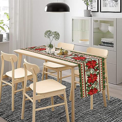 Christmas Table Runner 13x36 Inch Red Green Poinsettia Holly Pattern Holiday Decor W13"xL36"
