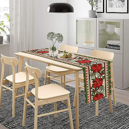 Christmas Table Runner 13x36 Inch Red Green Poinsettia Holly Pattern Holiday Decor W13"xL36"
