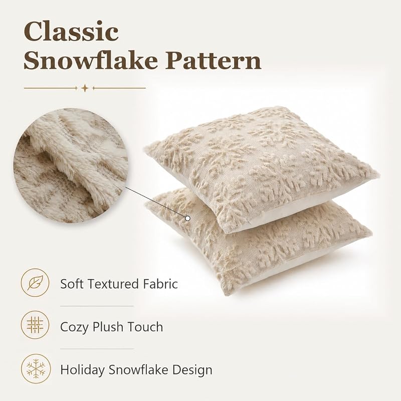 Beige Snowflake Christmas Pillow Covers 18x18 (2 Pack) - Visiontex