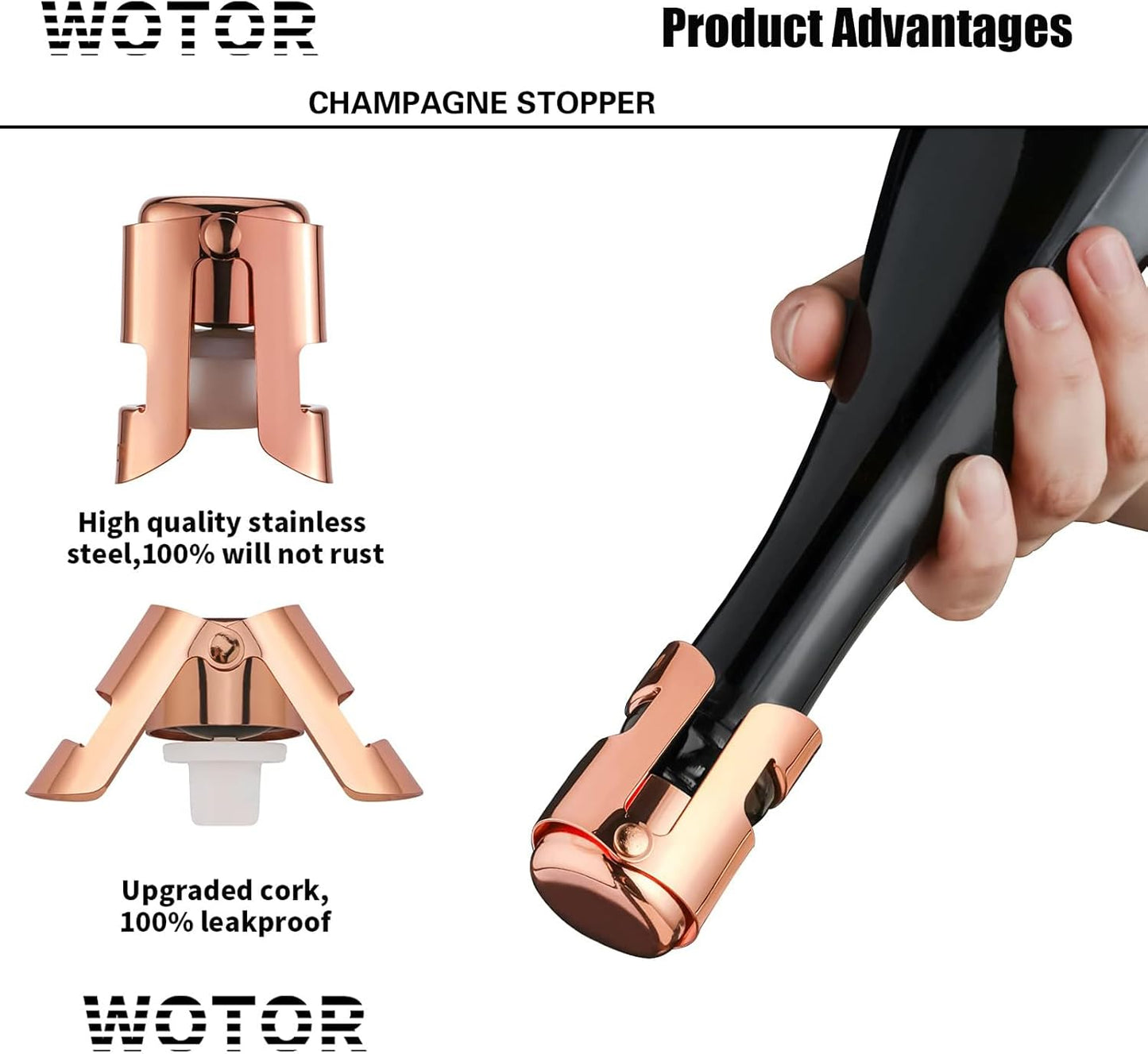 WOTOR Champagne Stoppers with Stainless Steel Champagne Bottle Stopper with Food Grade Silicone Reusable Champagne Cork, Saver Suitable for Champagne, Cava, Prosecco, Sparkling Wine (Rosegold, 2pack)