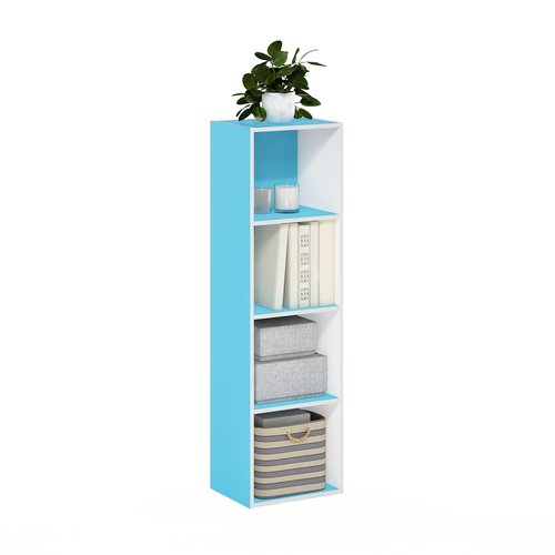 Furinno PASIR Book Shelf, 4-Tier Modern Bookshelf, Open Shelves Bookcase 9 x 12 x 42, Easy Assembly, for Living Room, Bedroom, Home Office, Light Blue/White