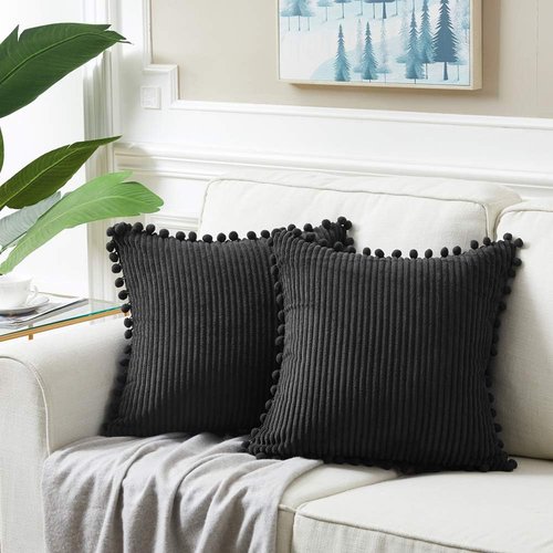 Fancy Homi Decorative Throw Pillow Covers - Set of 2 Black Pom-Pom Cushions | 12x12 Inch Soft Plush for Couch & Sofa