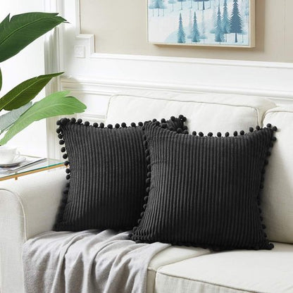 Fancy Homi Decorative Throw Pillow Covers - Set of 2 Black Pom-Pom Cushions | 12x12 Inch Soft Plush for Couch & Sofa