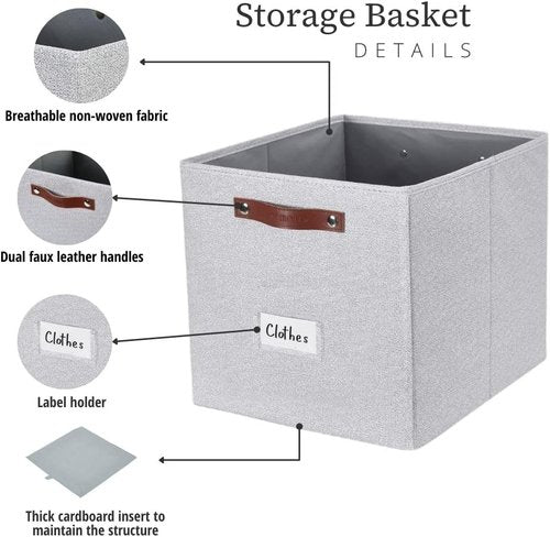 DECOMOMO Storage Baskets - 13x15x13 Cube Bins with Labels for Organized Shelves | Light Grey (4-Pack)