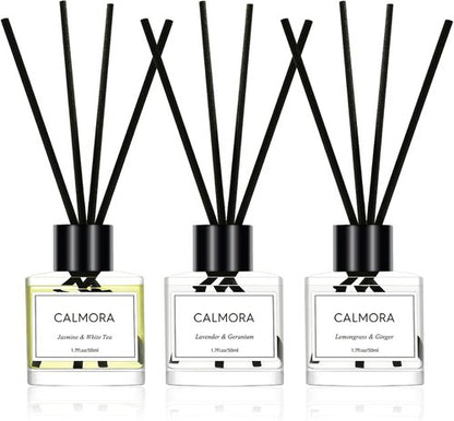 CALMORA Essential Oil Reed Diffuser Set - 3-Pack 50ml Flameless Room Air Fresheners | Perfect for Bedroom & Bathroom