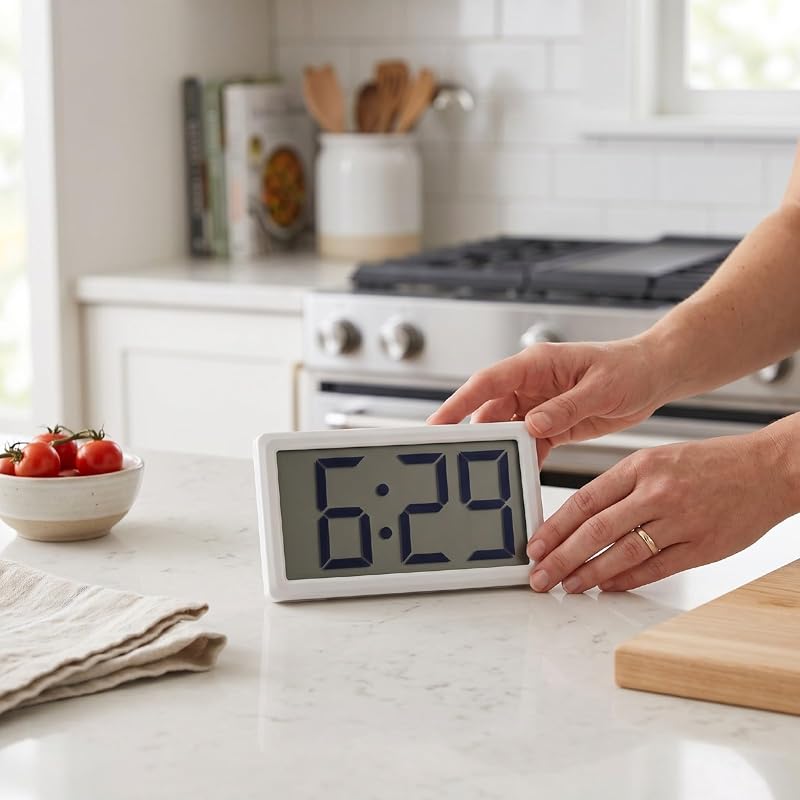Mini Digital Clock - White, Battery Powered, 3.3in Display, Desktop & Magnetic Mount