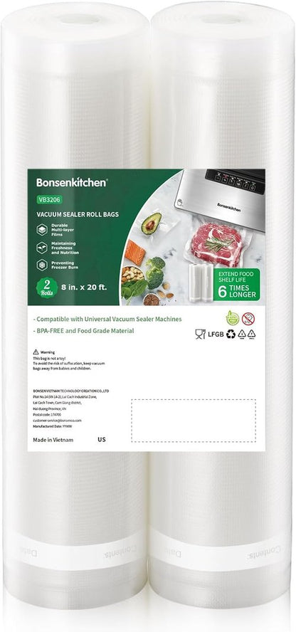 Bonsenkitchen Vacuum Food Sealer Rolls - 2 Pack, 8" x 20 ft, BPA-Free, Durable Bags for Storage & Sous Vide
