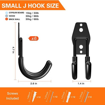 HUPBIPY Heavy Duty Garage Hooks - J Shaped Wall Mounted Storage System for Tools & Bikes | 6 Pack