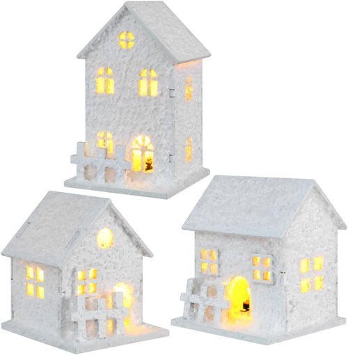 Garneck Christmas Village Set - 3Pcs LED Glowing Houses with Snowflakes | Winter Desktop Ornament