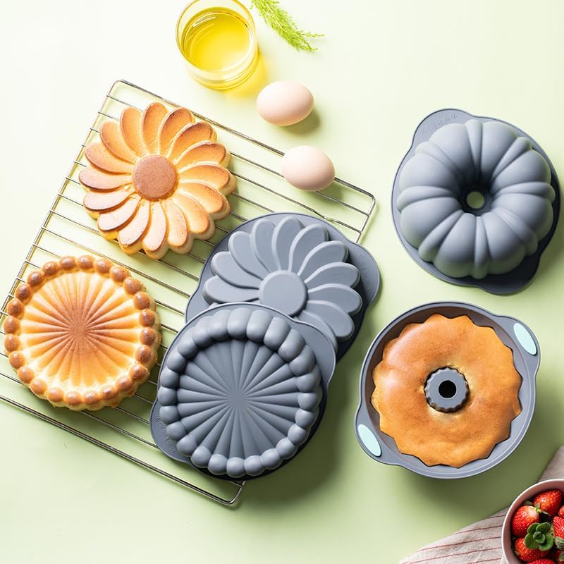 Skiennix Silicone Fluted Baking Pans - Non-Stick 4 Pack for Cakes, Bread & Jello