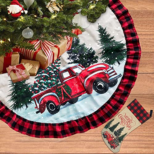 Christmas Truck Tree Skirt with Ruffle Edge - 48 Inch Farmhouse Decor - Variation of THIS listing
