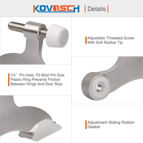 Brushed Satin Nickel Hinge Pin Door Stopper - Adjustable Heavy-Duty Design with White Rubber Bumper Tips | 2 Pack