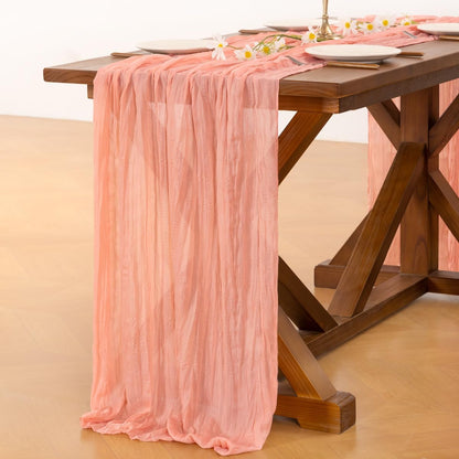 Socomi Cheesecloth Table Runner - Coral Peach Boho Rustic Design | 120 Inch for Weddings & Events