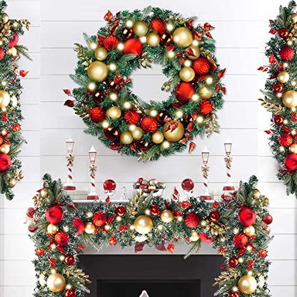 Pre-Lit Christmas Wreath and Garland with 50 LED Lights Red Gold Theme