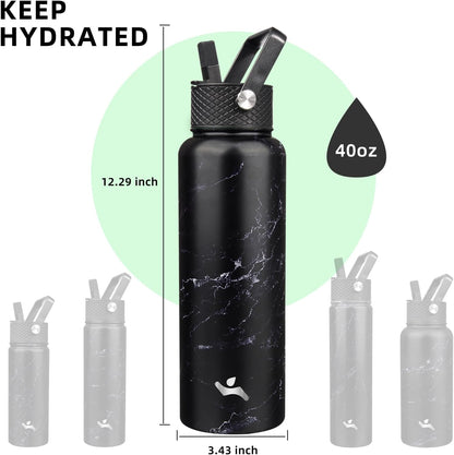 Skiennix 40oz Insulated Stainless Steel Water Bottle - Marble Midnight | 3 Lids Included