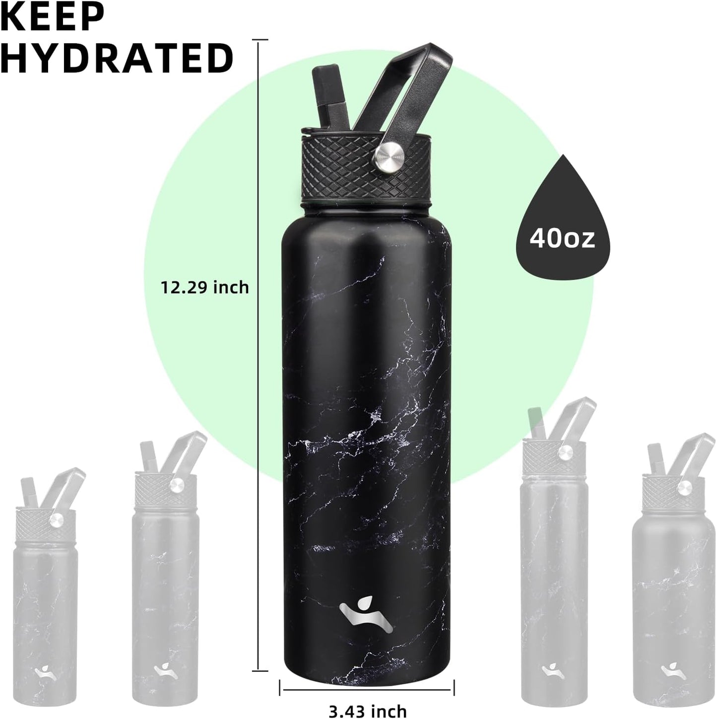 Skiennix 40oz Insulated Stainless Steel Water Bottle - Marble Blossom | 3 Lids Included