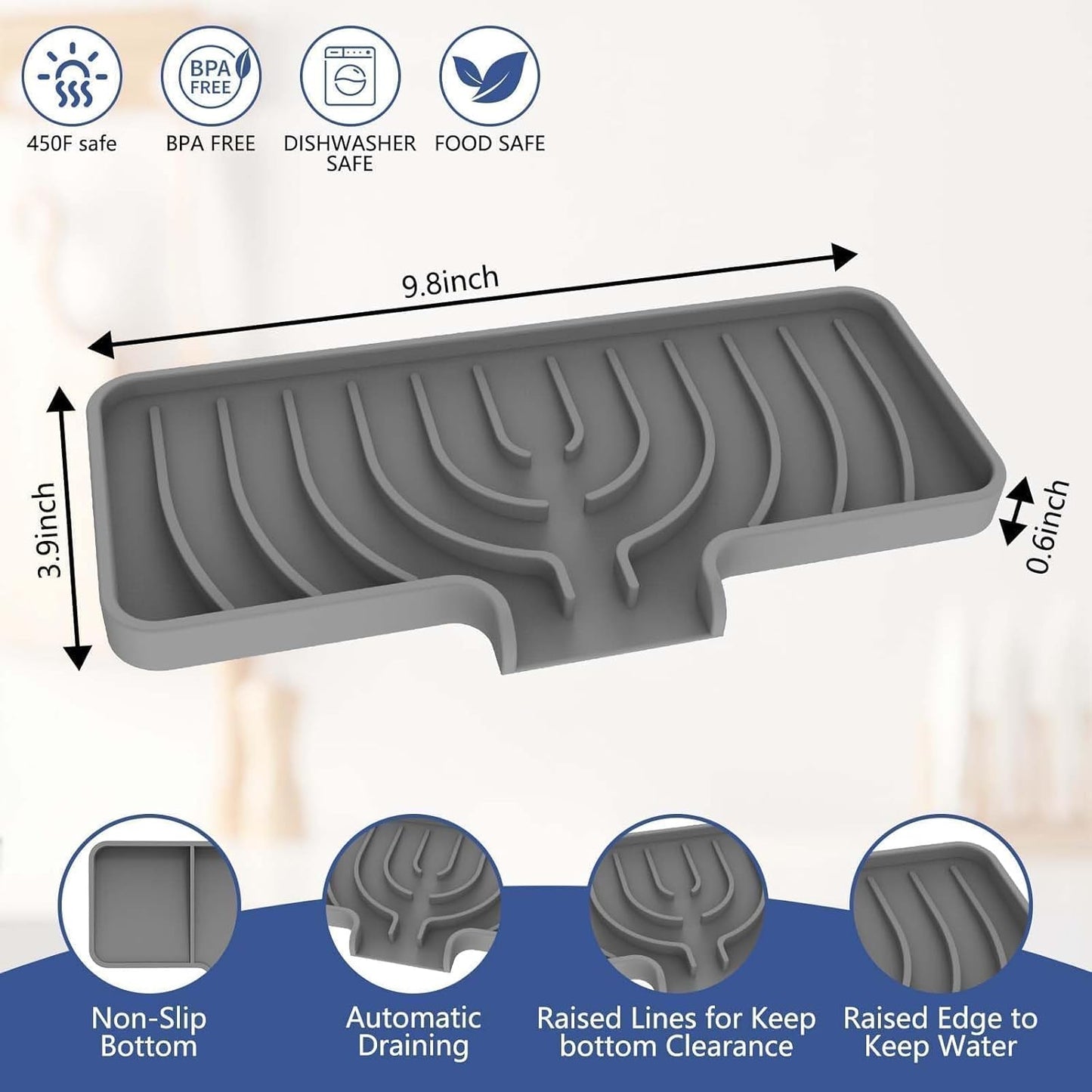 Skiennix Silicone Sponge Holder - Self-Draining Kitchen Sink Caddy | Gray, 10"x4" Soap Tray