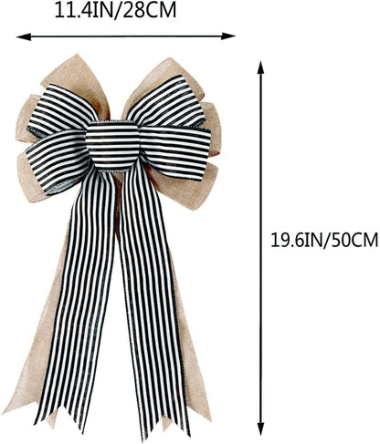 Regine Switzerland 2-Pack Black & White Stripe Burlap Fall Bows - Rustic Wreath Decorations for Home & Events