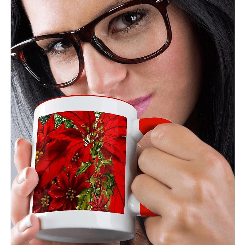 3dRose Christmas Poinsettia Mug - Two-Tone Red 11oz, Red+11 Ounces
