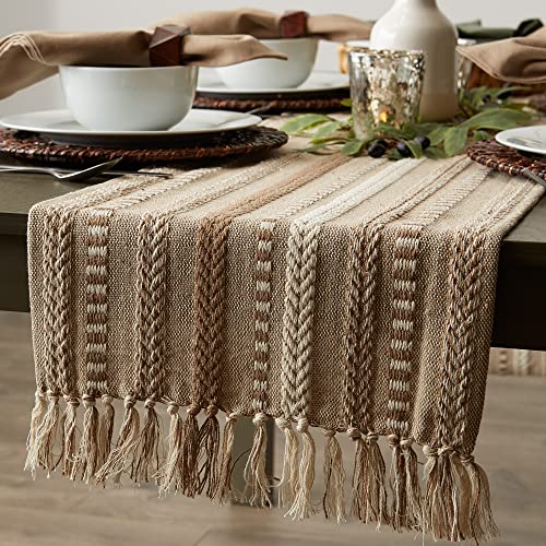 Braided Cotton Table Runner with Fringe - 15x108 in, Stone