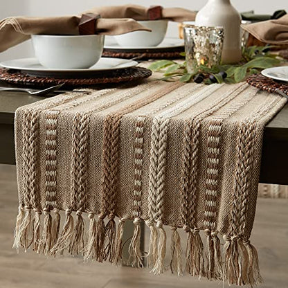 Braided Cotton Table Runner with Fringe - 15x108 in, Stone