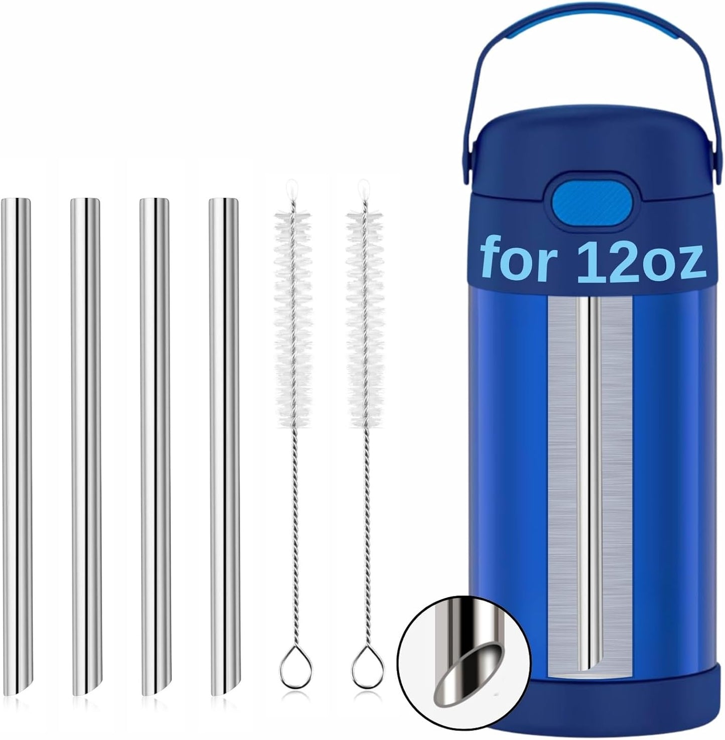 THERMOS Replacement Metal Straws - Reusable Stainless Steel Straws for 12 Ounce FunTainer | 4 Straws + 2 Cleaning Brushes