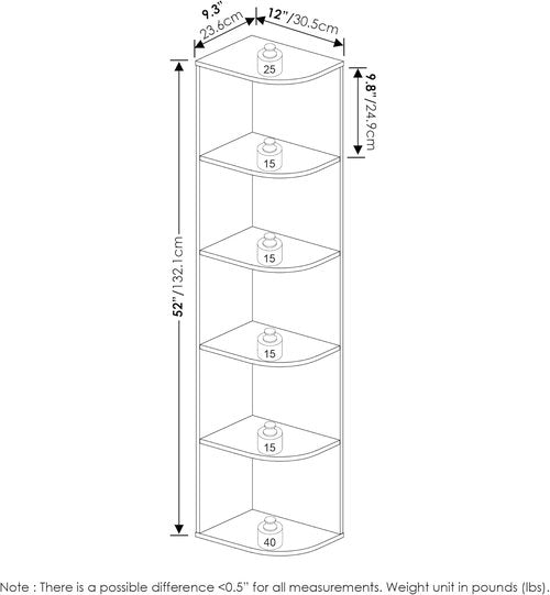Furinno PASIR 5-Tier Corner Bookshelf - Stylish Open Shelf Bookcase for Living Room, Bedroom & Office | Blackwood 9.3 x 12 x 51.7