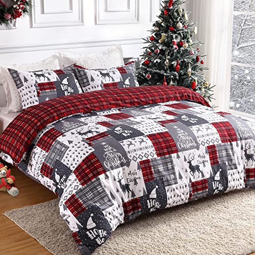 Christmas Reversible Queen Duvet Cover Set - Grey Checkered & Red Plaid