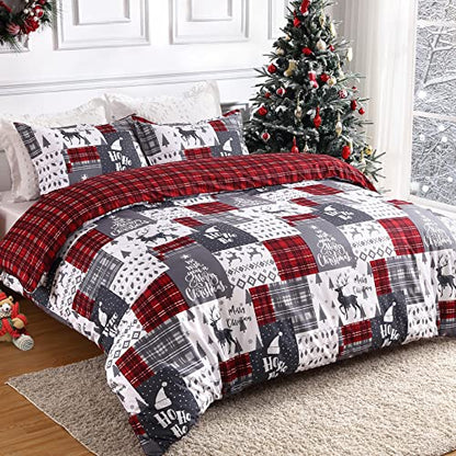 Christmas Reversible Queen Duvet Cover Set - Grey Checkered & Red Plaid