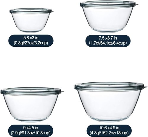 M MCIRCO Glass Mixing Bowls - 4-Pack Nesting Bowls Set for Meal Prep & Food Storage | BPA-Free, 0.8-4.8 Qt