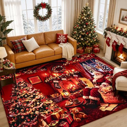 Santa Christmas Living Room Rug 4x6 Washable Non Slip Holiday Decor - Rectangular