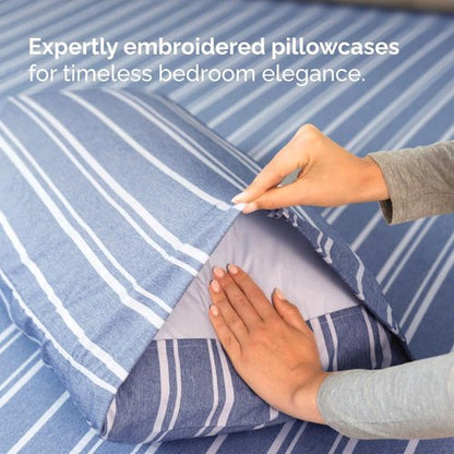 Full XL Bed Sheet - 4 Piece Full XL Bed Sheets Set - Soft, Breathable & Cooling - Hotel Luxury Bedding for Women, Men, Kids, Teens, Boys & Girls - Deep Pockets, Fade and Wrinkle Free - Blue Stripes