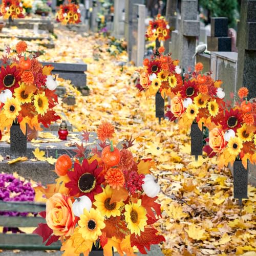 Artificial Fall Cemetery Flowers for Grave - Orange Mums & Pumpkins with Variation Wine